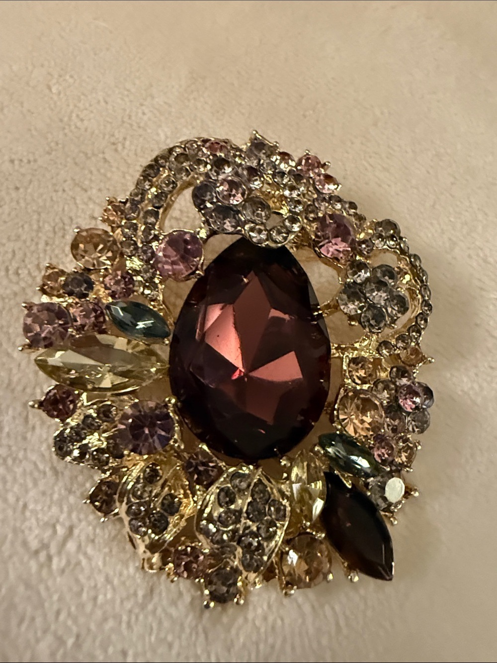 Vintage look Gold-Tone Multicolor Crystal Statement Brooch - Purple Center